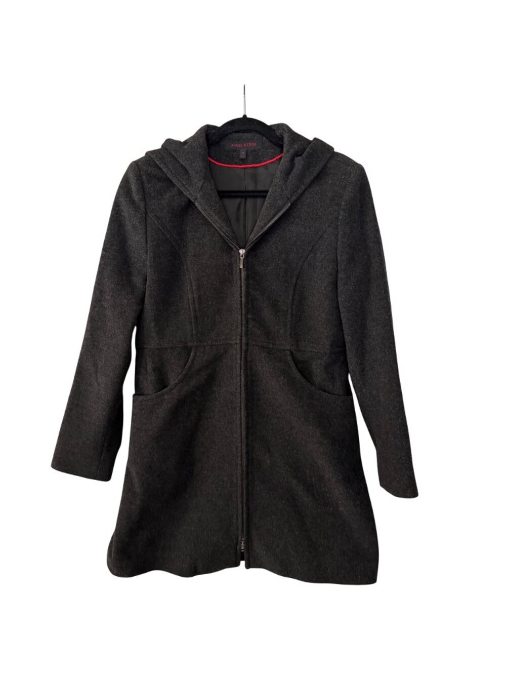 Vintage 90s Anne Klein Wool Cashmere Coat Hooded Zipper Front Charcoal Grey Size